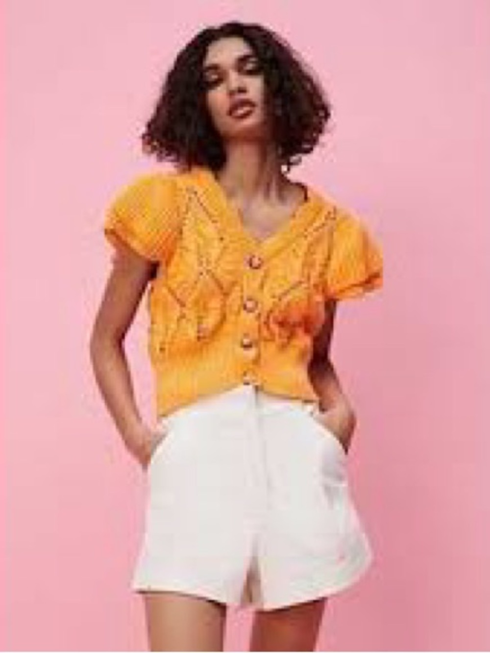 Zara light orange  Open-Knit Short Sleeve cotton Cardigan - Picture 4 of 12